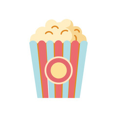 A striped popcorn box with a circular emblem