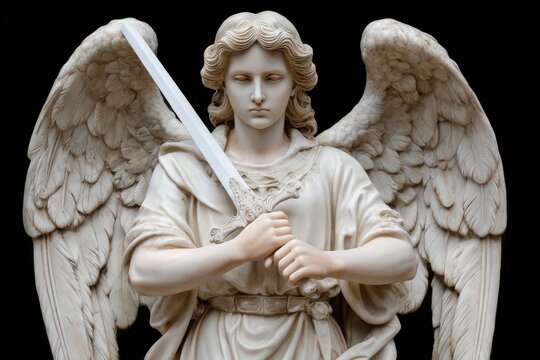 Marble statue of archangel michael holding sword - symbol of protection and strength