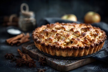 Homemade delicious fresh baked rustic apple pie on dark background