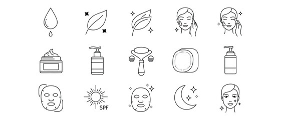 Skincare routine elements in line art style for beauty and wellness presentations
