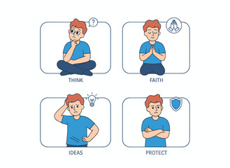 A cheerful, optimistic individual radiating positive emotions; a group of grateful, thankful, blissful, delighted, dreamy, curious, yet emotionally detached men; depicted as a flat vector