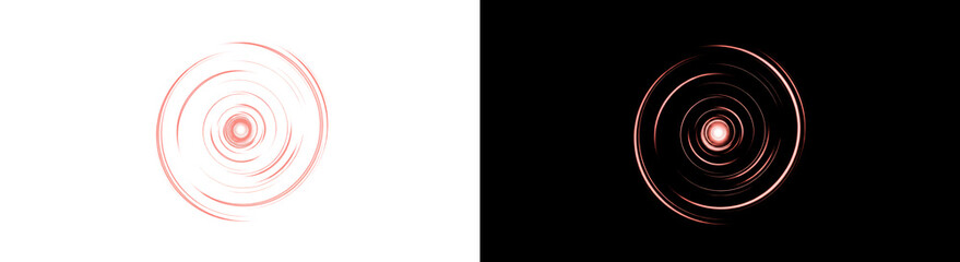 Set of two abstract red circular swirl elements, one with a dynamic brush stroke effect on a white background and another with a glowing light trail effect on a black background