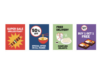 Set of templates for Asian restaurant advertising flyers, featuring design layouts for Oriental cuisine café promo leaflets, hand‑drawn exotic dishes, and a special offer banner with realistic