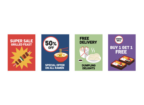 Set of templates for Asian restaurant advertising flyers, featuring design layouts for Oriental cuisine café promo leaflets, hand‑drawn exotic dishes, and a special offer banner with realistic
