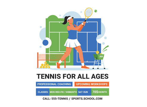 A bright vertical flyer for tennis lessons or school featuring a sportswoman holding a racquet, designed as a flat vector cartoon illustration with space for text