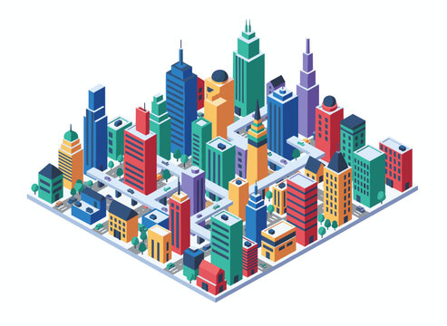 A seamless pattern featuring tall isometric city buildings, skyscrapers, and towers of a modern megalopolis, set against a backdrop of city houses and urban areas, rendered as a colorful vector