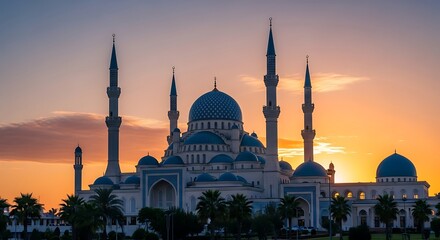 Fototapeta premium A large, elegant building with domes and minarets silhouetted against a vibrant, orange and yellow sunset. Trees are at the base