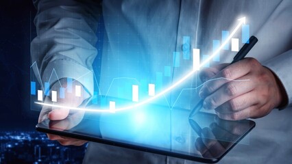 A professional analyzing financial data on a tablet, featuring stock market graphs and trends. This image represents modern investment strategies and technology in business. Copula