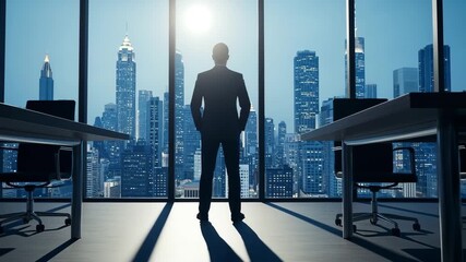 Silhouette businessman in modern office overlooking city skyline at sunrise success ambition - Powered by Adobe