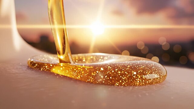 A glass drop filled with golden particles reflects the warm sunset, creating a serene atmosphere. This glass drop captures the golden light beautifully, enhancing the enchanting se