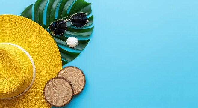 A bright yellow woven straw hat, sunglasses, and two round wooden coasters arranged on a vibrant blue background, evoking a summer vacation theme