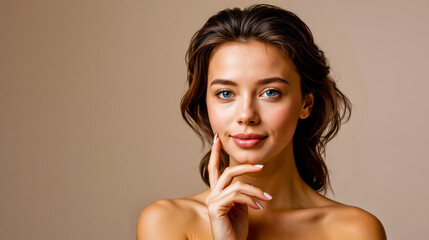 Obraz premium A woman with long brown hair and blue eyes wearing a white top looking at the camera with a slight smile
