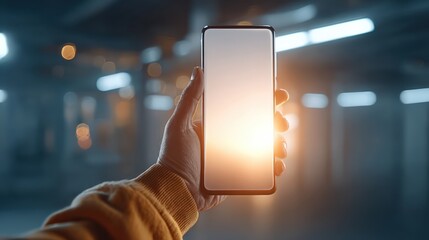 A person holds a sleek smartphone with a luminous screen, its interface brimming with potential against a backdrop of urban architecture. ..Created with Generative AI, not depicting real subjects.