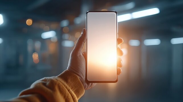 A person holds a sleek smartphone with a luminous screen, its interface brimming with potential against a backdrop of urban architecture. ..Created with Generative AI, not depicting real subjects.
