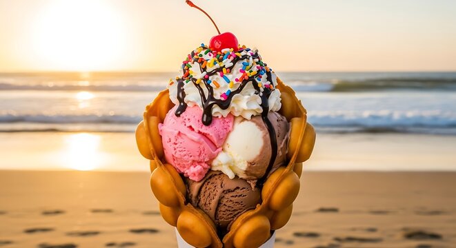 A large ice cream dessert, in a bubble waffle cone, with whipped cream, sprinkles, and a cherry, sits on a beach