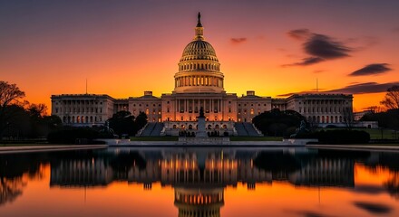 A large, neoclassical structure is reflected in calm water at sunset. The sky is ablaze with orange and red hues