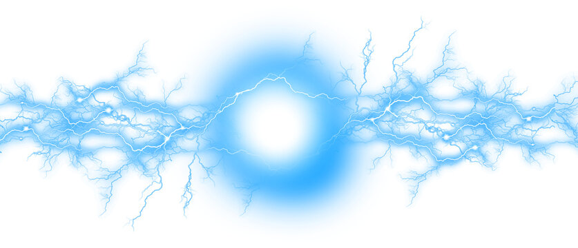 Bright blue energy burst with electrical arcs isolated on transparent background