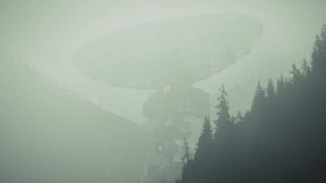 Giant satellite dish megastructure in foggy forest with slow dolly movement