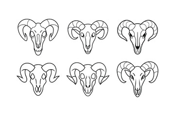 Ram skull Hand line art set of vector illustration