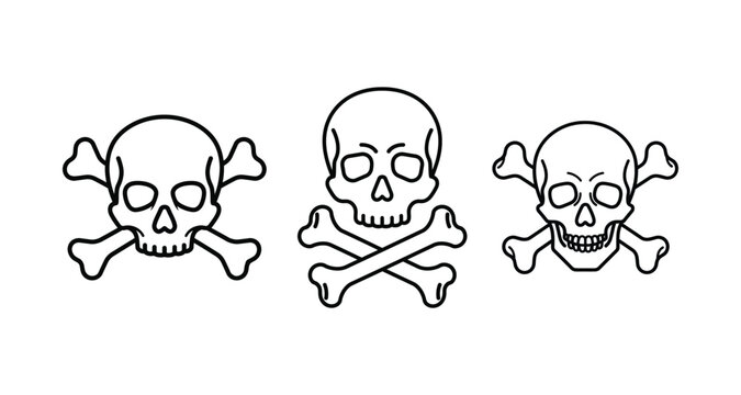 Crossbones and skull  line art set of vector illustration