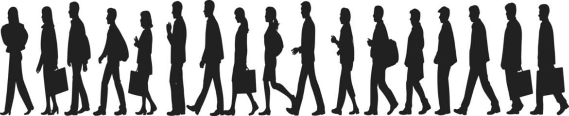 Crowd walking silhouette group, diverse business people commuting, urban movement, teamwork, workforce progression, modern city lifestyle illustration