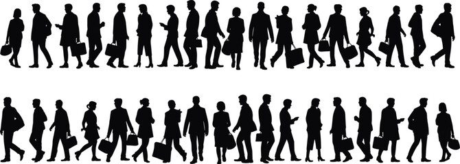 Silhouette crowd of business people walking in line, professional commuters group concept, corporate teamwork lifestyle illustration