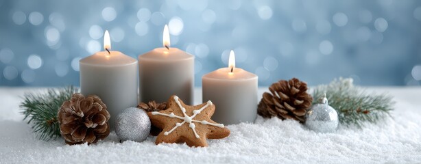 Cozy winter scene with flickering candles and festive gingerbread cookies for holiday decoration