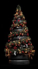 Creative eco-friendly christmas tree made of car tires with garland decorations