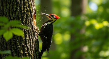 A large woodpecker with a red crest pecks at a tree trunk, wood chips flying as it forages in a lush, green forest