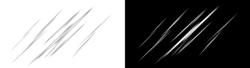 Dynamic set of sharp diagonal slashes with a metallic texture, isolated on white and black backgrounds, ideal for creating action, speed, or damage effects in graphic design