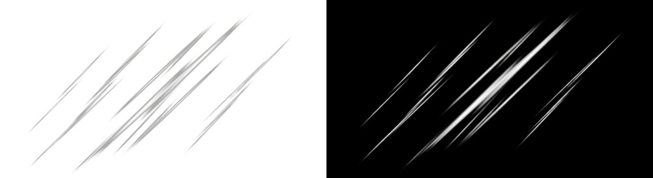 Dynamic set of sharp diagonal slashes with a metallic texture, isolated on white and black backgrounds, ideal for creating action, speed, or damage effects in graphic design