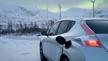 Obraz premium Electric car charging in scenic norwegian winter landscape with wind turbines