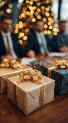Christmas office celebration with business professionals and gift exchange