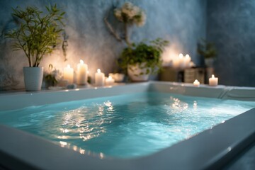 A tub with candles and plants in the background.