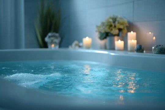 A tub with candles and plants in the background.