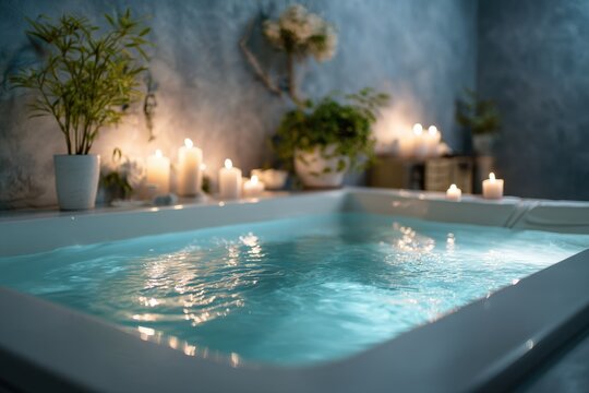 A tub with candles and plants in the background.