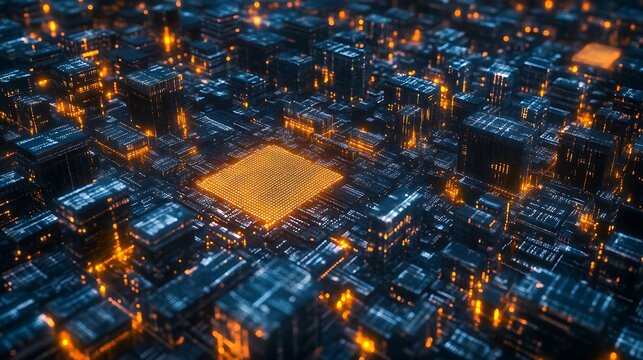 Abstract futuristic digital circuit board with glowing center chip and intricate detailing design