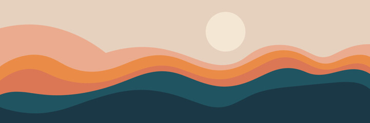 Abstract minimalist landscape with wavy hills and a sun in pastel colors background nature