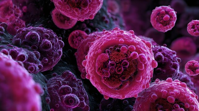 Close-up of Dividing Cancer Cells or Microscopic Pathogens in Pink and Purple