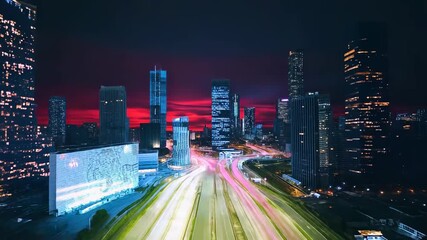 Cyberpunk city at sunset with highway speed trails - Powered by Adobe