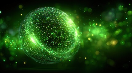 Abstract green glowing sphere with energetic particles for futuristic design