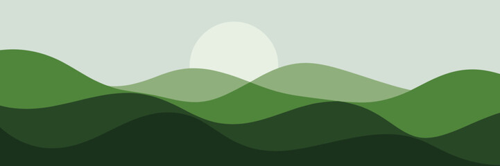Abstract Rolling Hills Landscape With Setting Sun In Soft Green Tones Keywords: abstract, landscape, hills, rolling, nature, green, serene, calm