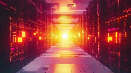 Futuristic digital tunnel with glowing light portal - Powered by Adobe