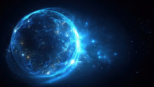 Mystical cosmic blue sphere with starry background for futuristic design