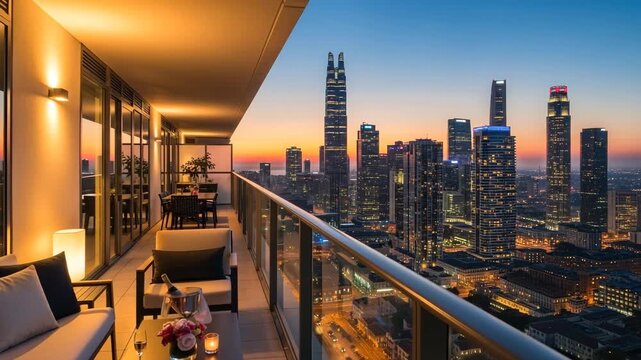 Luxury penthouse balcony city skyline sunset view champagne celebration romantic evening urban