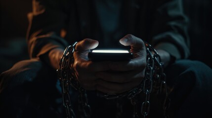 The stark image of hands bound by chains holding a glowing smartphone, creating a powerful metaphor about the modern world. ..Created with Generative AI, not depicting real subjects.