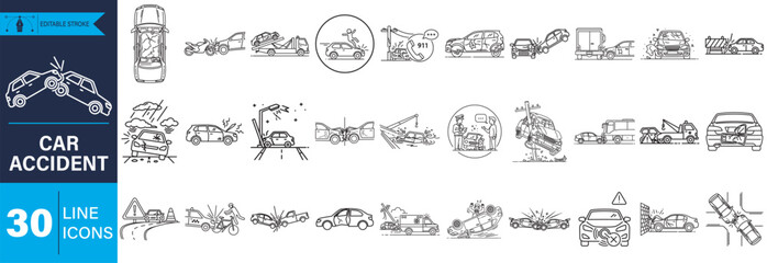 A comprehensive set of 30 editable stroke line icons depicting various car accidents, vehicle collisions, road crashes, and related incidents for design.