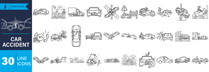 A comprehensive set of 30 editable stroke line icons depicting various car accidents, vehicle collisions, road crashes, and related incidents for design.