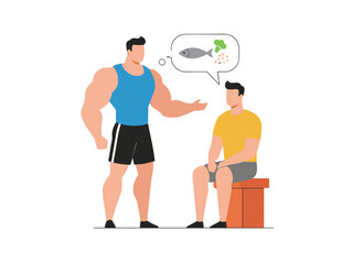 A male personal coach gives nutrition advice in a flat vector illustration, consulting a man to achieve a healthy body and gain muscle mass, while the fitness instructor and client discuss a diet