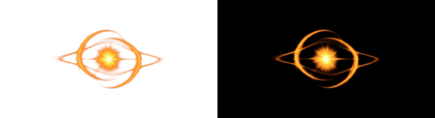 Glowing orange atomic symbol or futuristic energy source with orbital rings and a bright central flare, presented as an isolated graphic on black and white backgrounds